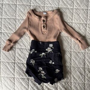 Tan Ribbed Long Sleeve Top and Kyte Baby Floral Shorts Set